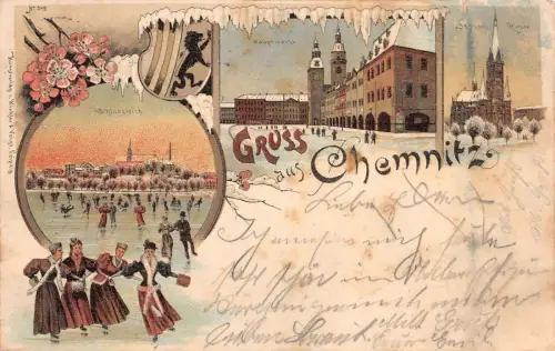 Gruss aus Chemnitz Schlossteich Hauptmarkt Litho Winter Postkarte AK 1899