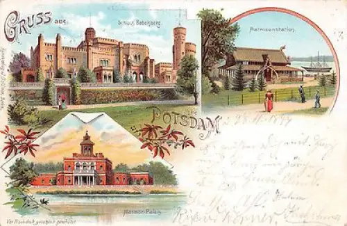 Gruss aus Potsdam Matrosenstation, Marmor Palais Litho Postkarte 1897