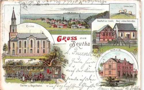 Gruss aus Beutha Gasthof zur Linde und Kirche Sachsen Litho Postkarte AK 1902