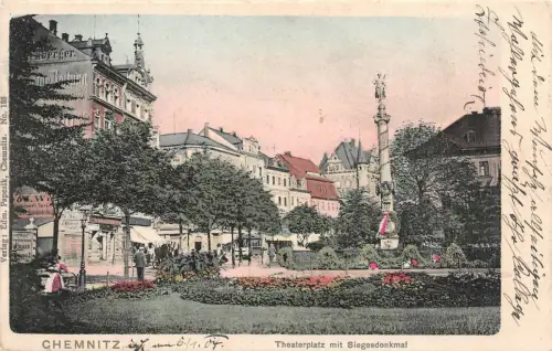 Chemnitz Theaterplatz mit Siegesdenkmal AK Bahnpost 1904