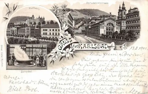 Gruss aus Karlsbad Sprudelcolonnade Kurhaus Litho AK 1901