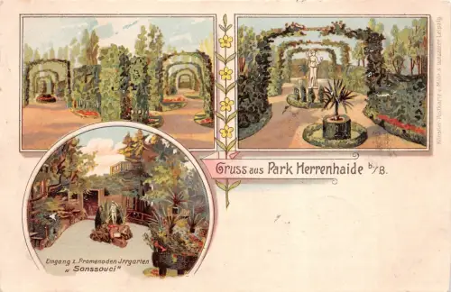 Gruss aus Park Herrenhaide b./B. Eingang z. Prom. Irr. "Sanssouci" Post. AK 1901