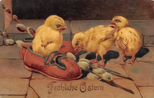 Kücken im Schuh Fröhliche Ostern Postkarte geprägt Erfurt 1915