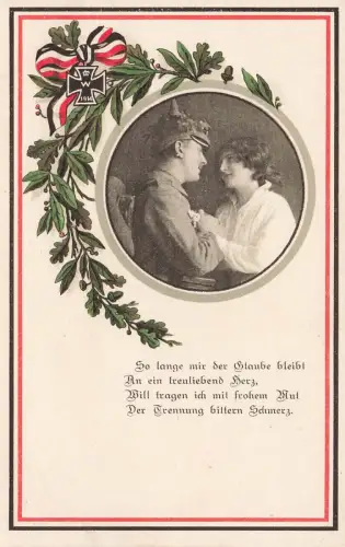 Portrait Soldat mit Frau Spruchkarte Patriotika Postkarte AK