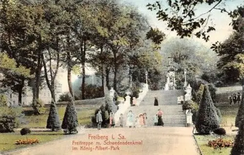 Freiberg i. Sa. Freitreppe m. Schwedendenkmal König-Albert-Park AK 1917