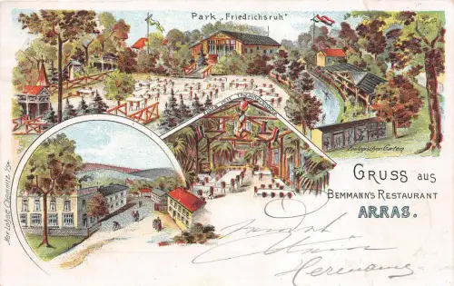 Gruss aus Bemmanns Restaurant Arras Geringswalde Litho Postkarte 1900