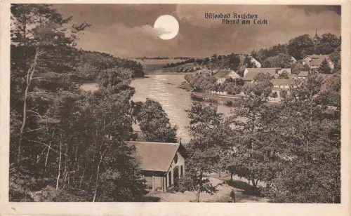 Ostseebad Rauschen Ostpreußen Abend am Teich Mondschein Postkarte
