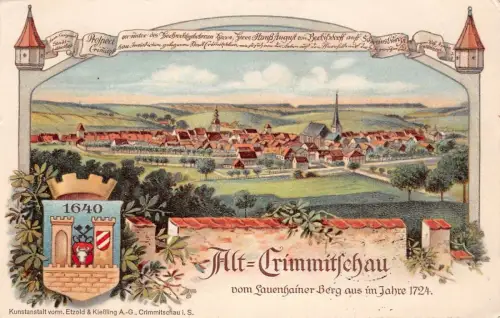 Alt-Crimmitschau vom Lauenhainer Berg aus im Jahre 1724 AK 1914