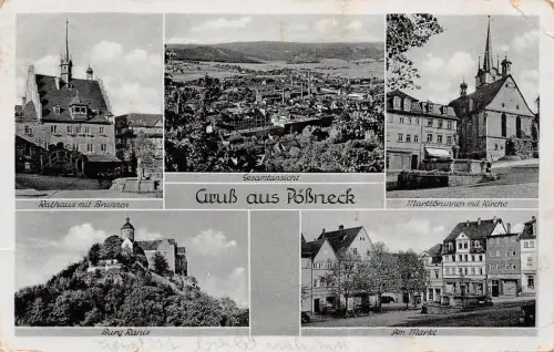 Gruß aus Pößneck Gesamtansicht Rathaus mit Brunnen Burg Ranis Postkarte AK 1941