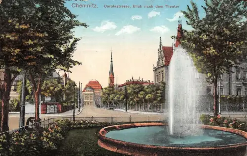 Blick nach dem Theater, Carolastraße mit Kirche in Chemnitz Sachsen AK 1914
