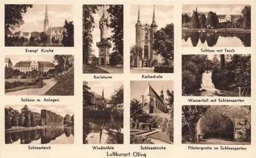 Panorama mit Kirchen, Schloss und Turm in Oliva Danzig Postkarte AK