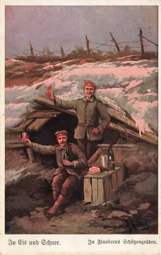 Soldaten in Flanderns Schützengräben, In Eis und Schnee Postkarte AK 1916