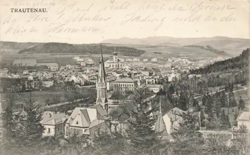 Totalansicht mit Kirche in Trautenau Trutnov Böhmen Postkarte AK 1911