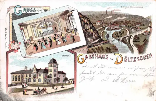 Gruss vom Gasthaus zu Döltzschen, Saal, Postkarte 1901