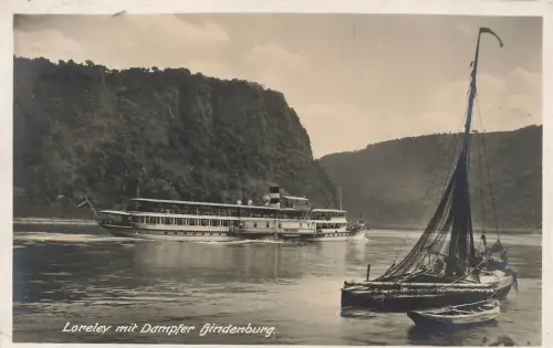 Loreley mit Dampfer Hindenburg Postkarte AK 1935