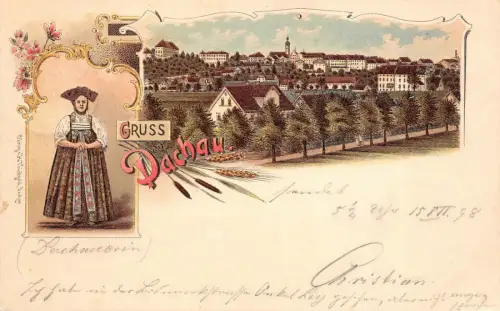 Dachau Totalansicht Trachten Litho Postkarte 1898