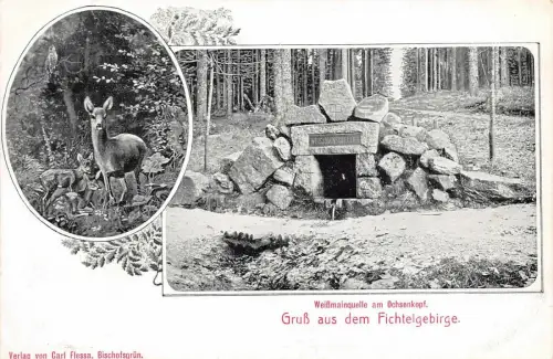 Gruß aus dem Fichtelgebirge Weißmainquelle am Ochsenkopf Postkarte AK