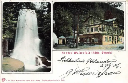 Großer Wasserfall mit Gasthaus Sächsische Schweiz Sachsen Postkarte AK 1906