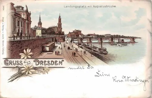 Gruss aus Dresden Landungsplatz mit Augustusbrücke Postkarte AK 1899