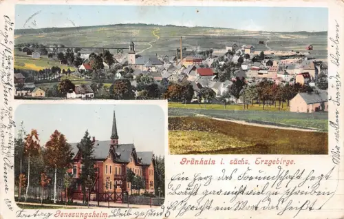 Stadtansicht und Genesungsheim Grünhain Erzgebirge Sachsen Postkarte AK 1904