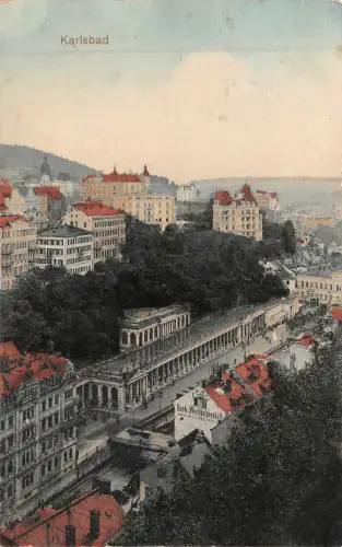 Karlsbad Ansicht Kolonnaden Bank Wechselgeschäft Postkarte AK 1912