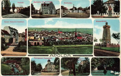 Viadukt, Stadthaus und Denkmal Apolda Thüringen Panorama-Postkarte AK 1914