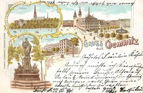 Gruss aus Chemnitz mit Justizpalast und Schloss Sachsen Litho Postkarte AK 1901