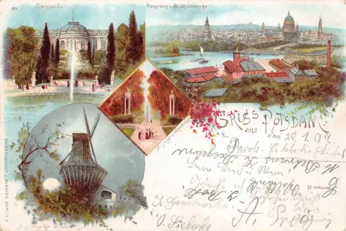 Gruss aus Potsdam Sanssouci Panorama Historische Mühle Litho AK 1897