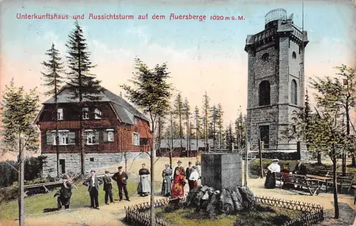 Unterkunftshaus und Aussichtsturm auf dem Auersberge Postkarte AK 1911