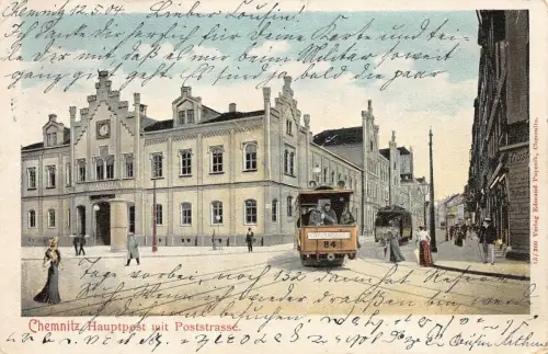 Chemnitz Hauptpost mit Poststrasse Straßenbahn AK 1904
