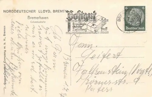 Norddeutscher Lloyd Bremen Bremerhaven Columbushalle AK 1937