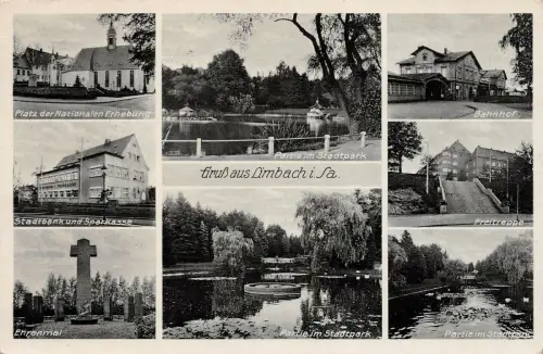 Gruß aus Limbach mit Stadtbank, Bahnhof und Ehrenmal Sachsen Postkarte AK 1943