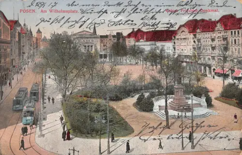 Posen Wilhelmplatz Kaiser Friedrich Denkmal Strassenbahn Postkarte 1917
