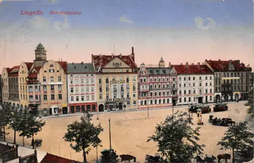 Liegnitz Schlesien Bahnhofplatz Strassenbahn Postkarte 1916