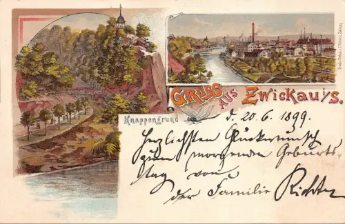 Gruss aus Zwickau mit Knappengrund Sachsen Litho Postkarte AK 1899