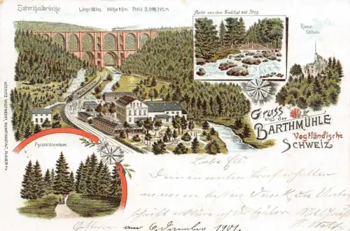 Gruss aus der Bartmühle Vogtländische Schweiz Sachsen Litho Postkarte AK 1901