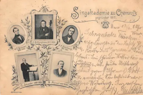 Singakademie mit Portraits der Gründer zu Chemnitz Sachsen Postkarte AK 1900