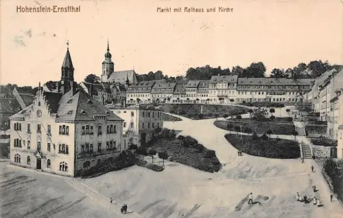 Markt mit Rathaus und Kirche Hohenstein-Ernstthal Sachsen Postkarte AK 1928