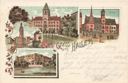 Gruss aus Halle Postamt und Moritzburg Sachsen-Anhalt Litho Postkarte AK 1903