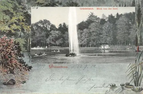Blick von der Insel Gründelteich in Glauchau Sachsen Postkarte AK 1902