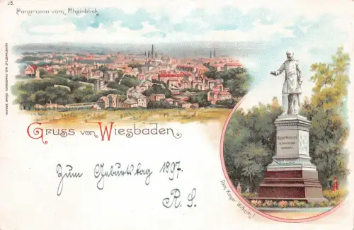 Gruss von Wiesbaden Kaiser -Wilhelm Denkmal 1897 Litho Postkarte