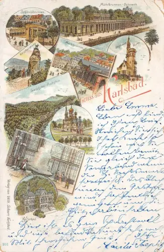 Gruss aus Karlsbad Mühlbrunnen-Colonade Hirschsprung Postkarte AK 1899