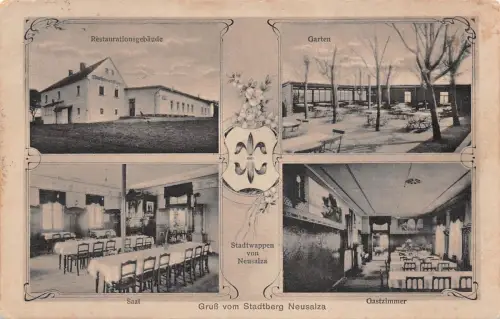Gruß vom Stadtberg Neusalza Restaurationsgebäude Garten Saal Postkarte AK 1923