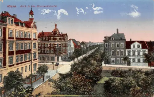 Blick in die Bismarckstraße Riesa Sachsen Postkarte AK 1916