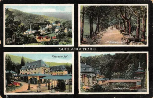 Schlangenbad Nassauer Hof Philosophenweg Musikpavillon Postkarte AK