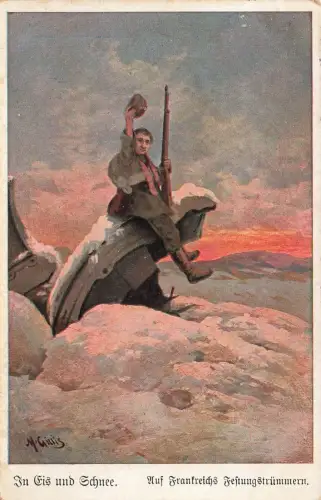 Soldat auf Frankreichs Festungstrümmern, In Eis und Schnee Postkarte AK 1916