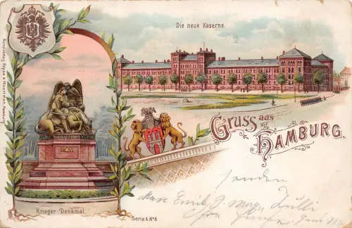 Hamburg Kaserne Krieger Denkmal Litho Postkarte