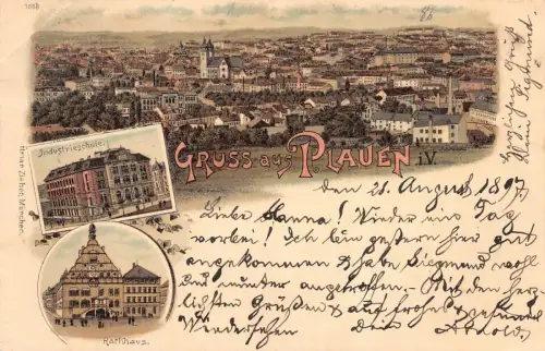 Gruss aus Plauen mit Industrieschule und Rathaus Vogtland Sachsen Litho AK 1897
