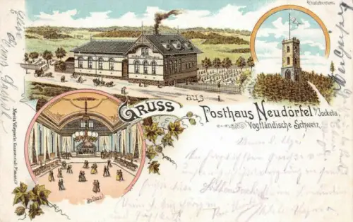 Neudörfel Jocketa Vogtland Hotel Posthaus Litho Postkarte 1907