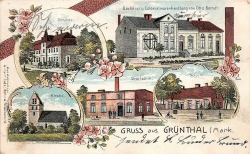 AK GRÜNTHAL Mark Brotfabrik, Bäckerei, SchuleLitho Postkarte 1909